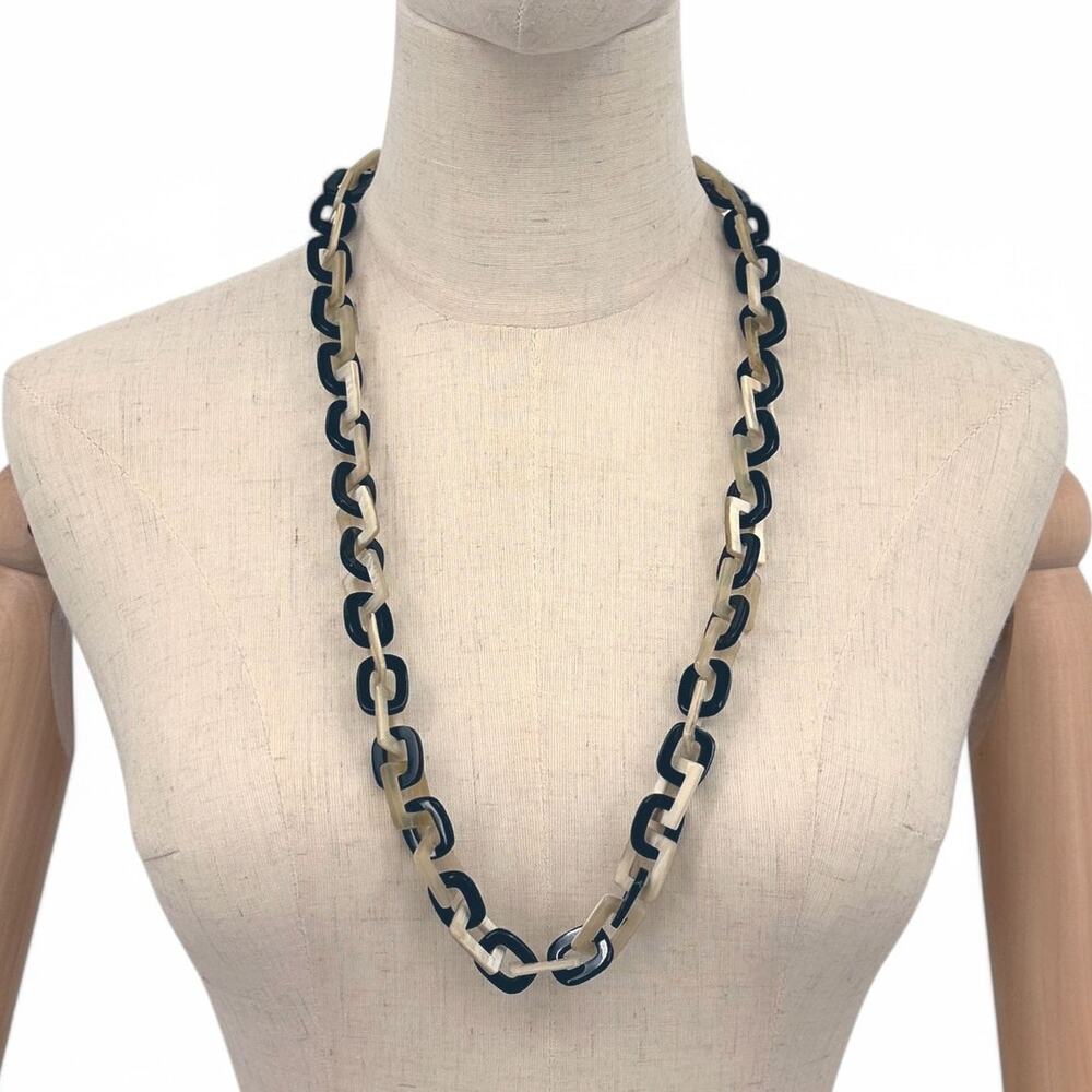 J Crew Acrylic Link Long Necklace Black and Beige Statement Layering 32 Inch